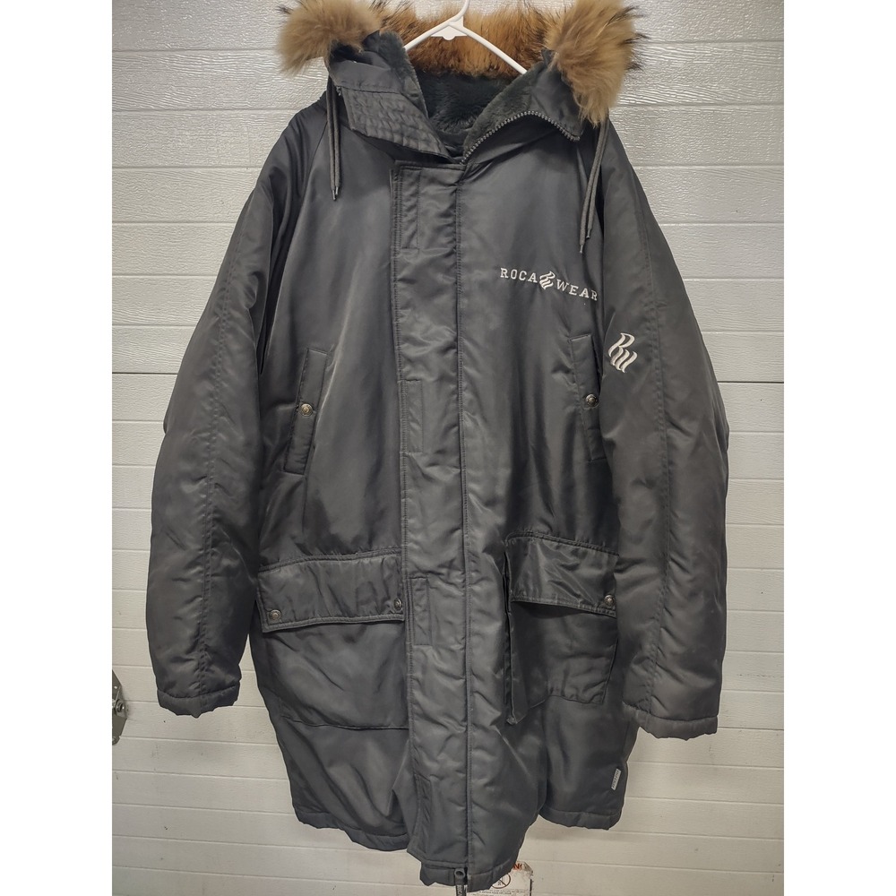 Rocawear Vintage Puffer Parka Jacket Mens XL Grey Faux Fur Hood Hip Hop Y2K